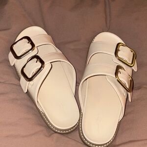 Elegant Cream Slide Sandals with Gold Buckles